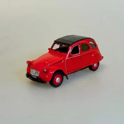 Modelbil Citroën 2CV - Rød med Sort Tag, rød, soltag, fransk, bil, gammel, vintage, retro, metal, modelbil, 2cv, 1979, flot, kvalitet, samler, symbolsk, første, bil, kørekort, frankrig, frankofil, ferie, hus, gave, rejser, provence, biti, ribe,