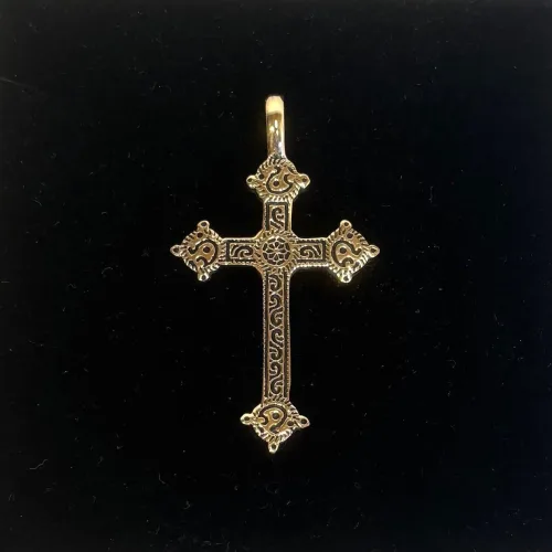 Bronze Vedhæng - Mosaik Kors, bronze, gyldent, guldfarvet, messing, bronze, smukt, elegant, stort, flot, biti, ribe, feminint, gave,