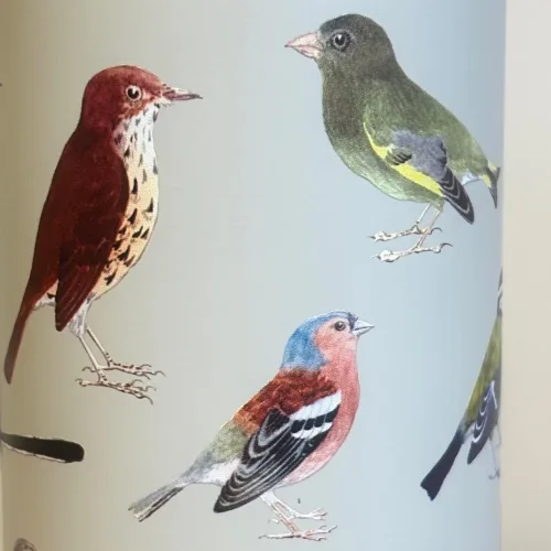 Drikkeflaske - Metal med Fugle, fugle i farver, danske, havens, vilde fugle, termoflaske, drikkedunk, drikkeflaske, saft, vanddunk, metalflaske, motion, med, fuglemotiv, ornitolog, natur, naturen, vadehavet, smart, flot, særlig, personlig, gave, symbolsk, på job, i skole, sass & Belle, lækker, kvalitet, miljø, rigtig, uden, biti, ribe, musvit, sangdrossel, blåmejse, halemejse, stillits, isfugl, gærdesmutte, bogfinke, rødkælk, rødhals, grønsisken, rjb,