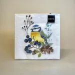 Servietter med Blåmejse, blåmejser, servietter, frokost, ellemstore, borddækning, ornitolog, fugle, fugleservietter, mejser, danske, kigger på, fuglekigger, fest, tema, flotte, papirservietter, fugl, blåbær, egeløv, egeblad, snebær, efterår, forår, vinter, biti, ribe