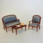 Miniature Sofa med Stribet Polster, Miniature Lænestol med Striber, gråt, sølv, valnød, nød, træ, miniature, møbler, stol, lænestol, tv stol, dukkehus, dukkehusmøbler, sang, symbolsk, gave, sjov, personlig, 1:12, skala, dukkemøbler, dukkestue, nisser, nissemøbler, nissedør, nissehus, biti, ribe,