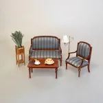 Miniature Sofa med Stribet Polster, Miniature Lænestol med Striber, gråt, sølv, valnød, nød, træ, miniature, møbler, stol, lænestol, tv stol, dukkehus, dukkehusmøbler, sang, symbolsk, gave, sjov, personlig, 1:12, skala, dukkemøbler, dukkestue, nisser, nissemøbler, nissedør, nissehus, biti, ribe,