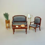 Miniature Lænestol med Striber, Miniature Sofa med Stribet Polster, gråt, sølv, valnød, nød, træ, miniature, møbler, stol, lænestol, tv stol, dukkehus, dukkehusmøbler, sang, symbolsk, gave, sjov, personlig, 1:12, skala, dukkemøbler, dukkestue, nisser, nissemøbler, nissedør, nissehus, biti, ribe,