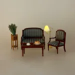 Miniature Sofa med Stribet Polster, Miniature Lænestol med Striber, gråt, sølv, valnød, nød, træ, miniature, møbler, stol, lænestol, tv stol, dukkehus, dukkehusmøbler, sang, symbolsk, gave, sjov, personlig, 1:12, skala, dukkemøbler, dukkestue, nisser, nissemøbler, nissedør, nissehus, biti, ribe,