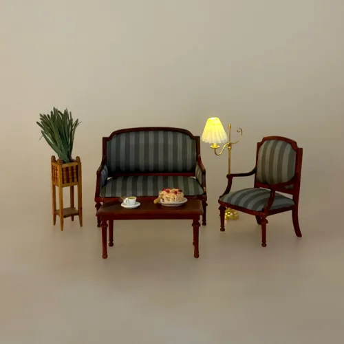 Miniature Sofa med Stribet Polster, Miniature Lænestol med Striber, gråt, sølv, valnød, nød, træ, miniature, møbler, stol, lænestol, tv stol, dukkehus, dukkehusmøbler, sang, symbolsk, gave, sjov, personlig, 1:12, skala, dukkemøbler, dukkestue, nisser, nissemøbler, nissedør, nissehus, biti, ribe,