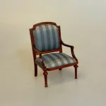 Miniature Lænestol med Striber, gråt, sølv, valnød, nød, træ, miniature, møbler, stol, lænestol, tv stol, dukkehus, dukkehusmøbler, sang, symbolsk, gave, sjov, personlig, 1:12, skala, dukkemøbler, dukkestue, nisser, nissemøbler, nissedør, nissehus, biti, ribe,