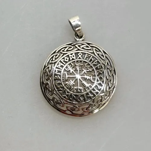 Sølv Vedhæng Vegvisir med Runer og Evighedsflet, 98838, vejviser, finde vej, hjælp, kompas, vikingekompas, biti, ribe