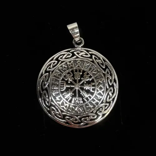 Sølv Vedhæng Vegvisir med Runer og Evighedsflet, 98838, vejviser, finde vej, hjælp, kompas, vikingekompas, biti, ribe
