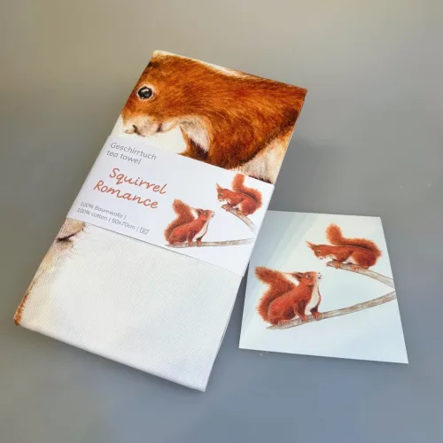 Viskestykke Bomuld med Tryk - Egern, røde, egern, køkken, ekstiler, viskestykke, smukt, flot, kvalitet, nyttigt, madlavning, bagning, dekorativt, kvalitet, julegave, gaveide, biti, ribe,