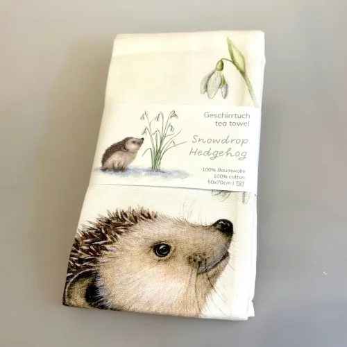 Viskestykke Bomuld med Tryk - Pindsvin, hedgehog, vintergækker, fint, haven, dyr, pindsvin, pindgris, viskestykke, nyttig, praktisk, anvendelig, gave, julegave, ide, akvarel, sød, flot, lækker, kvalitet, biti, ribe