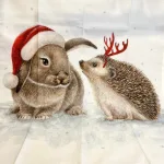 Viskestykke Bomuld med Tryk - Pindsvin & Kanin, julet, jule, style, juleviskestykke, nissehue, juledyr, kanin, pindsin, skovens, dyr, lækker, flot, kvalitet, nyttig, praktisk, pæn, anvendelig, gave, gaveide, julegave, biti, ribe, akvarel