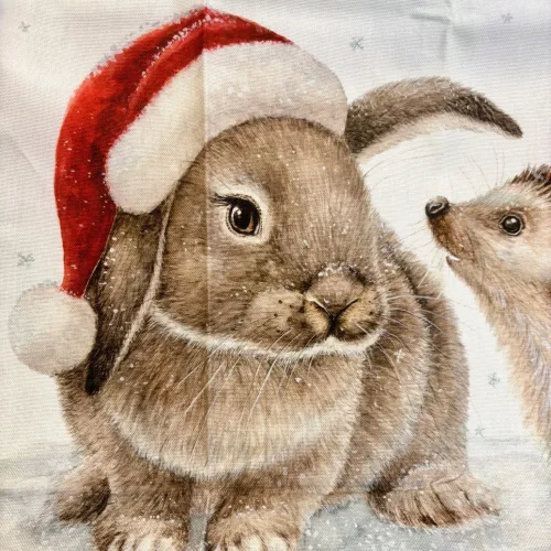 Viskestykke Bomuld med Tryk - Pindsvin & Kanin, julet, jule, style, juleviskestykke, nissehue, juledyr, kanin, pindsin, skovens, dyr, lækker, flot, kvalitet, nyttig, praktisk, pæn, anvendelig, gave, gaveide, julegave, biti, ribe, akvarel