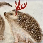 Viskestykke Bomuld med Tryk - Pindsvin & Kanin, julet, jule, style, juleviskestykke, nissehue, juledyr, kanin, pindsin, skovens, dyr, lækker, flot, kvalitet, nyttig, praktisk, pæn, anvendelig, gave, gaveide, julegave, biti, ribe, akvarel