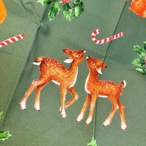 Viskestykke Bomuld med Tryk - Skovens Dyr Jul, sugarcane, slikstok, juleviskestykke, jul i skoven, bambi, egern, ræv, hjort, rådyr, dådyr, kristorn, lækkert, gave, gaveide, viskestykke, køkken, biti, ribe, akvarel, maluu,