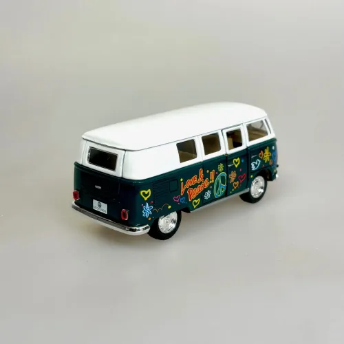 VW Folkevogns Rugbrød - Samba Flower Power Grøn, flaskegrøn, mørkegrøn, 1962, 12072, 1:32,Hippie, goki, VW Folkevogns Rugbrød - Samba blå, VW Folkevogns Rugbrød - Samba Blå/Hvid, bus, folkevogn, folkevognsbus, rugbrødsbil, rugbrød, varebil, surfer, surferbus, hippue, hippiestyle, ud i det , nostalgi, 70'erne, modelbiler, modelbil, volkswagen, samba, bully, biti, ribe
