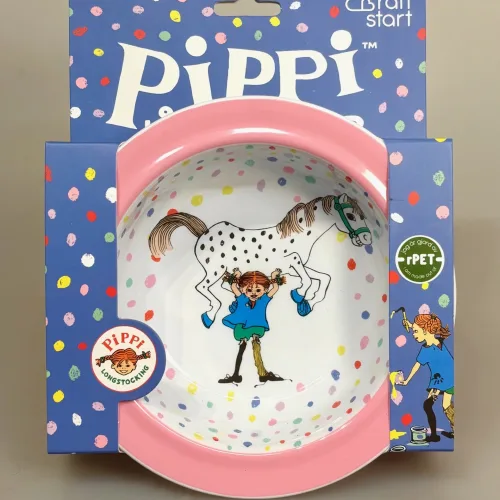 Pippi Langstrømpe Skål - Hesten Lilla Gubban, sugekop, gummiring, baby, Prikker, rätt start, pippi, langstrømpe, astrid lindgren, fødselsdag, kager, 5504, birthday, børn, børneservice, børneskål, skål, ymerskål, morgenmadsskål, snacks, fødevaregodkendt, kvalitet, svensk, moderne, nyfortolket, børneservice, dyb, tallerken, poetisk, gave, gaveide, barnedåb, barnebarn, barselsgave, baby shower, gaveide, til børn, yndig, sød, særlig, ide, melamin, baby, småbørn, spise selv, biti, ribe