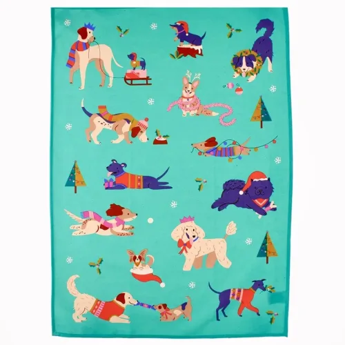 Viskestykke Bomuld med Tryk - Turkis med Hunde, petrol, grønt, festive, friends, 31439, rex, lindon, jul, sjov, leg, hundemotiv, gave, hundeejer, schnauzer, gravhund, old english, sheepdog, whippet, mynde, grand danois, blodhund, beagle, schnauzer, husky, chou chou, border collie, blodhund, basset, bull dog, cocker, springer, spaniel, whippet, papillon
