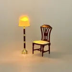 Miniature Stol Mahogni med Polster, Miniature Gulvlampe Brun og Guld med Hvid Skærm, 8025L, LED, batteri, ledningsfri, standerlampe, gulvlampe, retro, symbolsk, gave, lampe i gave, gavekort, lampekøb, miniature, 1:12, dukkehus, tilbehør, ting til, dukkehuset, lamper, belysning, batteri, nisser, nissehus, nissebo, nissedør, hygge, julekrybbe, julelandskab, mini, lamper, biti, ribe