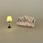 Miniature Sofa Polstret med Blomster, Miniature Lampe Klart Glas med Hvid Skærm, boheme, lounge, bordlampe, guldlampe, stilig, 8055L, glaslampe, organisk, batteri, ledningsfri, standerlampe, gulvlampe, retro, symbolsk, gave, lampe i gave, gavekort, lampekøb, miniature, 1:12, dukkehus, tilbehør, ting til, dukkehuset, lamper, belysning, batteri, nisser, nissehus, nissebo, nissedør, hygge, julekrybbe, julelandskab, mini, lamper, biti, ribe