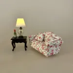 Miniature Sofabord Lille Sort, Miniature Sofa Polstret med Blomster, Miniature Lampe Klart Glas med Hvid Skærm, boheme, lounge, bordlampe, guldlampe, stilig, 8055L, glaslampe, organisk, batteri, ledningsfri, standerlampe, gulvlampe, retro, symbolsk, gave, lampe i gave, gavekort, lampekøb, miniature, 1:12, dukkehus, tilbehør, ting til, dukkehuset, lamper, belysning, batteri, nisser, nissehus, nissebo, nissedør, hygge, julekrybbe, julelandskab, mini, lamper, biti, ribe