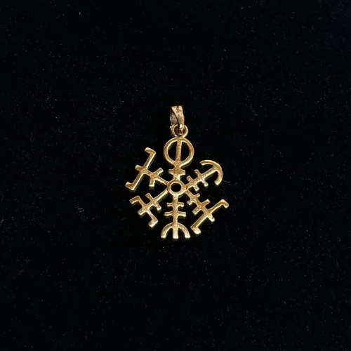 Bronze Vedhæng Vegvisir Åben, kompas, vikingekompas, vejviser, amulet, symbol, 05-311-13, gylden, bronze, smykke, vedhæng, pendant, vikinger, vikingesmykke, heksetegn, ægte, original, fund, runeristning, rejse, rejseamulet, lykkebringende, finde vej, gamle, guder, nordisk, mytologi, tro, aser, asatro, guder, vikingefund, museumssmykker, biti, ribe, dansk,