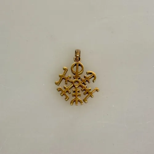 Bronze Vedhæng Vegvisir Åben, kompas, vikingekompas, vejviser, amulet, symbol, 05-311-13, gylden, bronze, smykke, vedhæng, pendant, vikinger, vikingesmykke, heksetegn, ægte, original, fund, runeristning, rejse, rejseamulet, lykkebringende, finde vej, gamle, guder, nordisk, mytologi, tro, aser, asatro, guder, vikingefund, museumssmykker, biti, ribe, dansk,