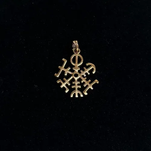 Bronze Vedhæng Vegvisir Åben, kompas, vikingekompas, vejviser, amulet, symbol, 05-311-13, gylden, bronze, smykke, vedhæng, pendant, vikinger, vikingesmykke, heksetegn, ægte, original, fund, runeristning, rejse, rejseamulet, lykkebringende, finde vej, gamle, guder, nordisk, mytologi, tro, aser, asatro, guder, vikingefund, museumssmykker, biti, ribe, dansk,