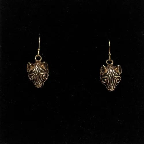 Bronze Vikinge Ørehængere - Fenris Ulvehoveder, ulv, ulvehoved, fenrisulven, bvikingesmykker, vikinge, øreringe, hænge, guld, bronze, ægte, dyr, mytologi, aser, symbol, styrke, amulet, dansk, fund, museumssmykker, totem, biti, ribe, udgravninger, original, fund, 234-10