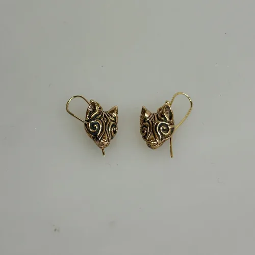 Bronze Vikinge Ørehængere - Fenris Ulvehoveder, ulv, ulvehoved, fenrisulven, bvikingesmykker, vikinge, øreringe, hænge, guld, bronze, ægte, dyr, mytologi, aser, symbol, styrke, amulet, dansk, fund, museumssmykker, totem, biti, ribe, udgravninger, original, fund, 234-10