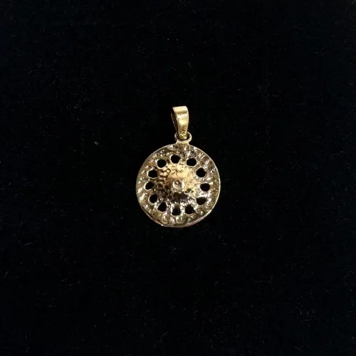 Bronze Vikingevedhæng - Solhjul, solhjulet, årets, måneder, vikinger, v 'ikingesmykker, vikinger, symbol, smykke, museumssmykke, vedhæng, gylden, bronze, messing, kobber, ægte, original, fund, udgravninger, ribe, vikingetiden, biti, ribe, dansk, danmark, danefæ, 355-10,