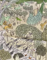 Bandana Tørklæde Uld og Silke - Fantastisk Fauna, merino, uld, twill, twillvævet, silke, luksus, kraftigt, lunt, blødt, efterår,, vinter, forår, halsen, charmeklud, bandeaux, lille, chic, vendbart, dobbelt, vævet, håndrullede, kanter, lækker, kvalitet, smart, moderne, luksus, elegant, poetisk, smukt, blå, toner, harmonisk, eventyrligt, silkebandana, lille, firkantet, kvadratisk, løver, heste, traner, svaner, skildpadder, elefanter, safari, bjerg, afrika, flod, skabelsen, noas ark, hulemaleri, kunst, livets gang, dyreflokke, dyreliv, musik, hymne, hyldest, palmer, frodigt, gave, gaveide, antropolog, antropologi, biti, ribe