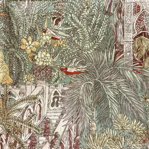 Bandana Tørklæde Uld og Silke - Hidden Palace, urskov, jungle, skjult, forsvunden, by, rige, glemt, pallads, slot, magisk, elegant, chic, smart, moderne, merino, uld, twill, twillvævet, silke, luksus, kraftigt, lunt, blødt, efterår,, vinter, forår, halsen, charmeklud, bandeaux, lille, chic, vendbart, dobbelt, vævet, håndrullede, kanter, lækker, kvalitet, smart, moderne, luksus, elegant, poetisk, smukt, blå, toner, harmonisk, eventyrligt, silkebandana, lille, firkantet, kvadratisk, løver, heste, traner, svaner, skildpadder, elefanter, safari, bjerg, afrika, flod, skabelsen, noas ark, hulemaleri, kunst, livets gang, dyreflokke, dyreliv, musik, hymne, hyldest, palmer, frodigt, gave, gaveide, antropolog, antropologi, biti, ribe