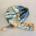 Silketørklæde Bandana - Fantastisk Fauna, 73744, silkesatin, satin, ren, silke, lækker, kvalitet, smart, moderne, luksus, elegant, poetisk, smukt, blå, toner, harmonisk, eventyrligt, silkebandana, lille, firkantet, kvadratisk, løver, heste, traner, svaner, skildpadder, elefanter, safari, bjerg, afrika, flod, skabelsen, noas ark, hulemaleri, kunst, livets gang, dyreflokke, dyreliv, musik, hymne, hyldest, palmer, frodigt, gave, gaveide, antropolog, antropologi, biti, ribe