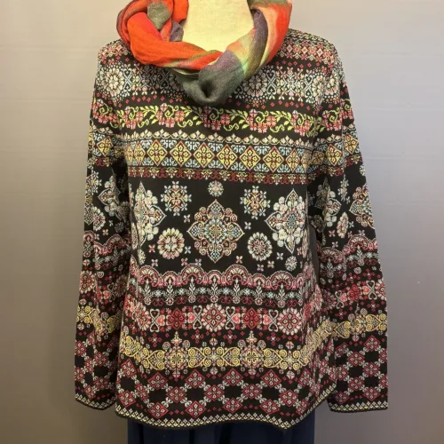 Dunque Fintstrikket Pullover - Øko Bomuld Sort Multi, øko, økologisk, bio, gotts, bomuldspullover, bomuldsbluse, bomuldsstrik, fintstrikket, let, blød, tradition, alternativ til uld, vinter, hele året, pullover, damepullover, smuk, særlig, mosaik, mønster, biti, ribe,