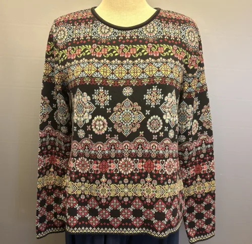 Dunque Fintstrikket Pullover - Øko Bomuld Sort Multi, øko, økologisk, bio, gotts, bomuldspullover, bomuldsbluse, bomuldsstrik, fintstrikket, let, blød, tradition, alternativ til uld, vinter, hele året, pullover, damepullover, smuk, særlig, mosaik, mønster, biti, ribe,