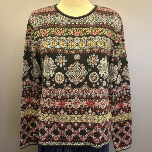 Dunque Fintstrikket Pullover - Øko Bomuld Sort Multi, øko, økologisk, bio, gotts, bomuldspullover, bomuldsbluse, bomuldsstrik, fintstrikket, let, blød, tradition, alternativ til uld, vinter, hele året, pullover, damepullover, smuk, særlig, mosaik, mønster, biti, ribe,