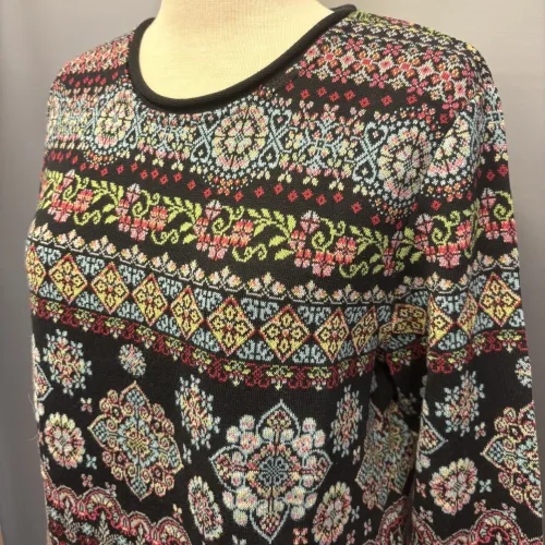 Dunque Fintstrikket Pullover - Øko Bomuld Sort Multi, øko, økologisk, bio, gotts, bomuldspullover, bomuldsbluse, bomuldsstrik, fintstrikket, let, blød, tradition, alternativ til uld, vinter, hele året, pullover, damepullover, smuk, særlig, mosaik, mønster, biti, ribe,