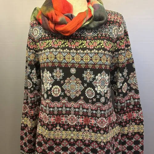 Dunque Fintstrikket Pullover - Øko Bomuld Sort Multi, øko, økologisk, bio, gotts, bomuldspullover, bomuldsbluse, bomuldsstrik, fintstrikket, let, blød, tradition, alternativ til uld, vinter, hele året, pullover, damepullover, smuk, særlig, mosaik, mønster, biti, ribe,