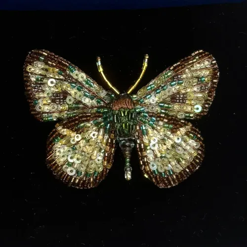 Håndlavet Broche Grønvinget Sommerfugl, four spot sailor butterfly, TL-B-947, mexicansk matros, fir plettet, matros sommerfugl, grøn, lille, sommerfugl, sommerfuglebroche, dæmpede, farver, varme, smuk, kunstværk, kunst, trovelore, særlig, unik, broderi, broderist, broedribe, ribe, biti, smykke, broche, sommerfugl, sommerfuglebroche, sommerfuglesmykke, gave, gaveide, jubilæum, rund, fødselsdag, eksklusiv,