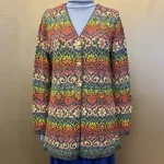 Alpaka Cardigan Lang - Catherine Jeans Multi, lang, long, firgur, timeglas, klædelig, smart, smuk, særlig, lama, uld, alpaca, alpakastrik, strik, damestrik, knapper, v-hals, v-udskæring, blomster, regnbue, rainbow, farveglad, farverig, floral, ikat, farveforløb, fintstrikket, lærke bakker, strikkedesign, design, alpakastrik, alpakatrøje, striktrøje, strikjakke, varm, blød, ren, natur, materialer, bæredygtig, holdbar, miljø, biti, ribe,